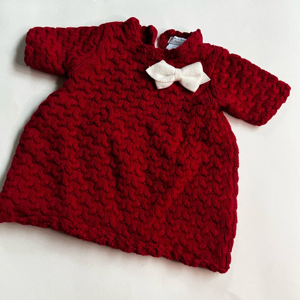 Tahari Baby Red Knit Cotton Sweater Dress w White Bow 3-6 months